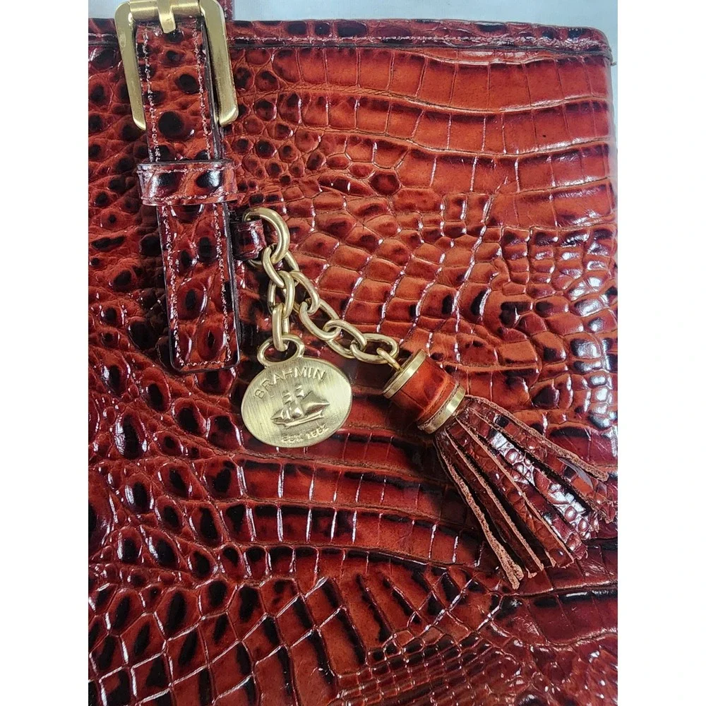 Brahmin Medium Asher Tote Women Croc Embossed Leather Pecan Melbourne Tassel Bag